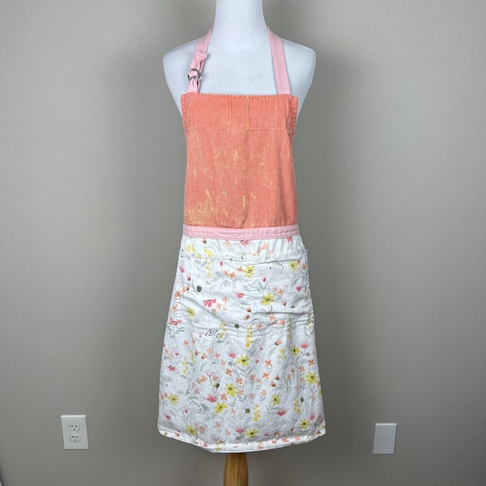 Williams Sonoma Apron Orange‎ Pink White Floral 100% Cotton Tie Back Made in USA
